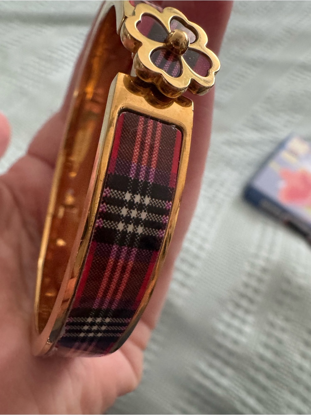 kate spade Gold-Tone Pink Plaid Floral Hinged Bangle